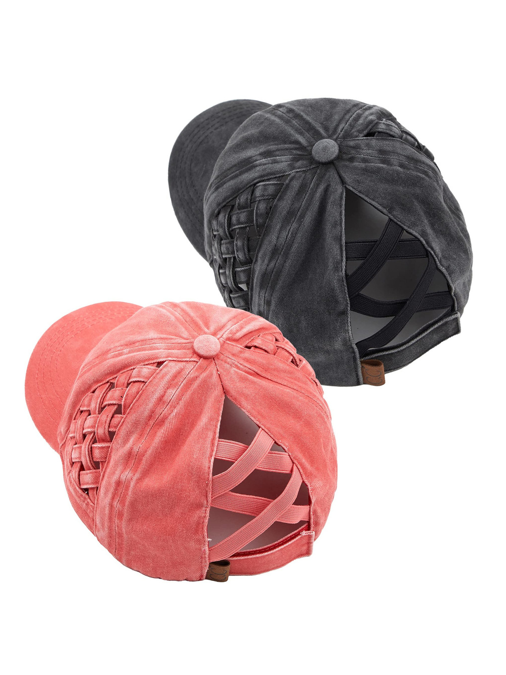 Criss Cross Ponytail Cap, Messy Bun Distressed Baseball | Black, Pink | Size OS